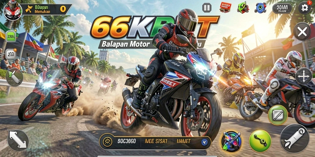 Screenshot utama 66KBET menunjukkan aksi balapan motor yang mendebarkan.