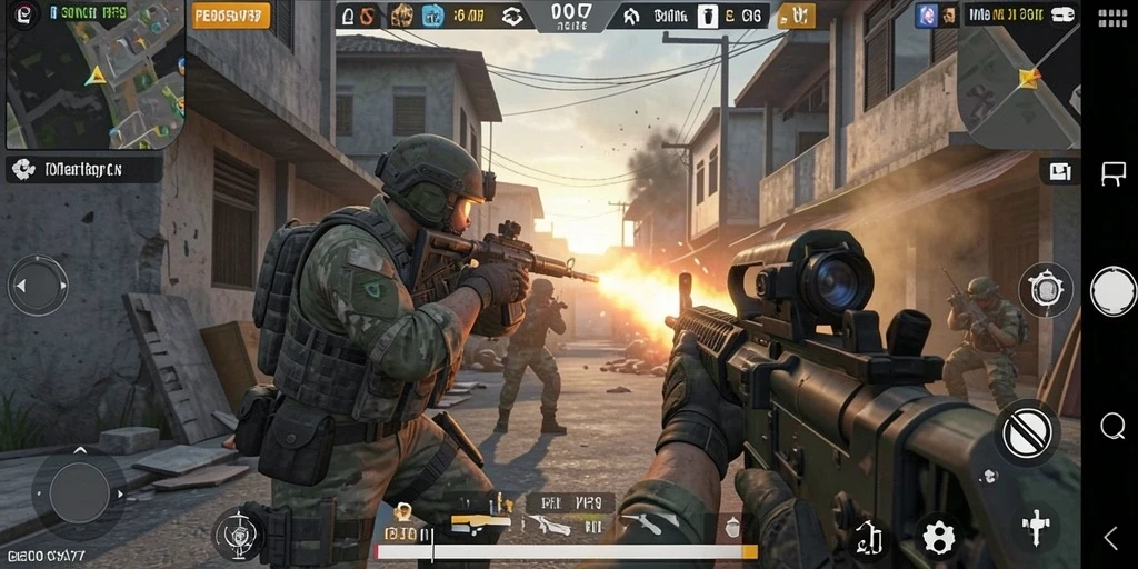 Screenshot gameplay EOS77 menampilkan aksi perang yang intens.