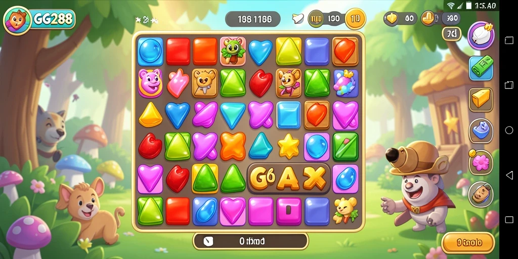 Tampilan gameplay GG288 yang menarik dengan elemen Match-3 yang penuh warna.