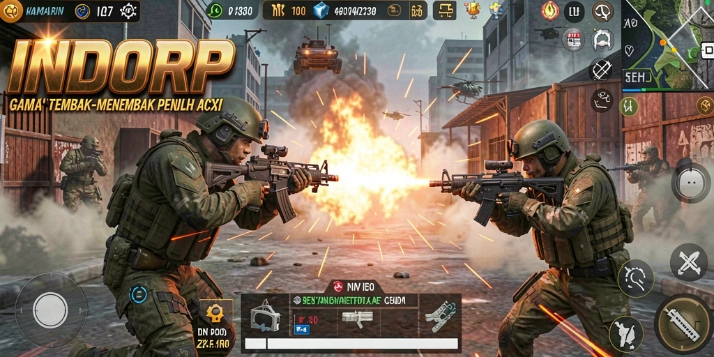 Screenshot gameplay INDORP menunjukkan aksi tembak-menembak yang mendebarkan.