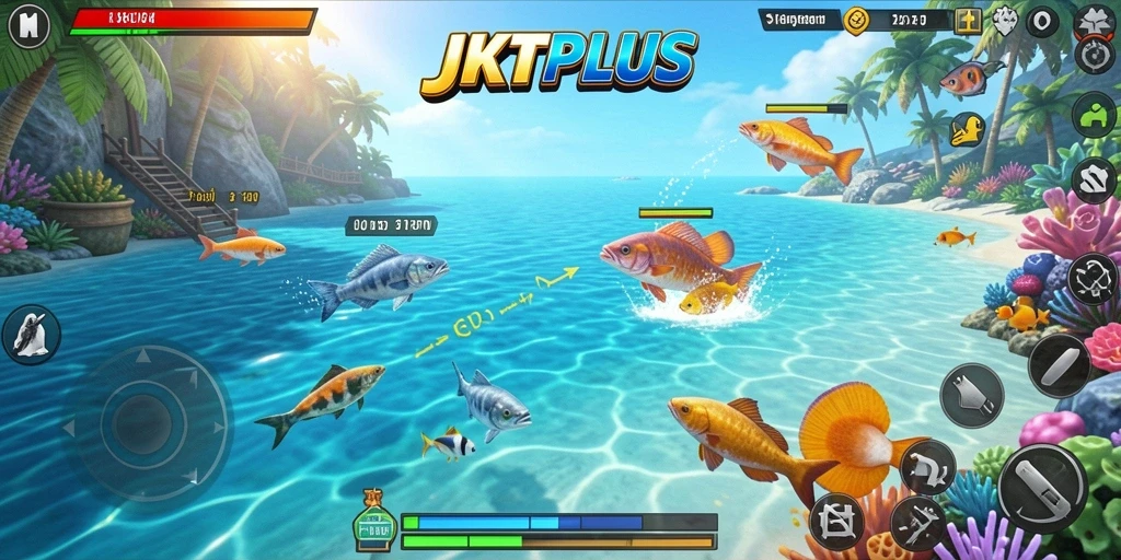 Screenshot utama JKTPLUS menampilkan keseruan dan aksi Tembak Ikan.