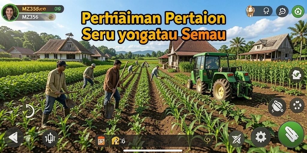 Tampilan gameplay MZ356 yang menampilkan ladang pertanian yang subur.